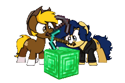 Size: 1200x800 | Tagged: safe, artist:sugar morning, oc, oc only, oc:acres, oc:flash reboot, earth pony, pony, unicorn, animated, clothes, coat markings, commission, cowboy hat, diamond pickaxe, duo, earth pony oc, emerald block, facial markings, female, hat, hoodie, horn, male, mare, minecraft, netherite pickaxe, pickaxe, simple background, socks (coat markings), stallion, stetson, sugar morning's miners, transparent background, unicorn oc, ych result