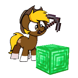 Size: 1000x1000 | Tagged: safe, artist:sugar morning, oc, oc only, oc:acres, earth pony, pony, animated, clothes, coat markings, commission, cowboy hat, earth pony oc, emerald block, hat, male, minecraft, netherite pickaxe, pickaxe, simple background, socks (coat markings), solo, stallion, stetson, sugar morning's miners, transparent background, ych result