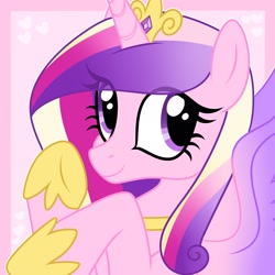 Size: 2048x2048 | Tagged: safe, artist:moonydropps, princess cadance, alicorn, pony, g4, crown, female, high res, jewelry, mare, purple eyes, regalia, smiling, solo, spread wings, wings