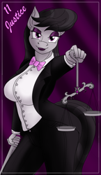 Size: 1100x1900 | Tagged: safe, alternate version, artist:sixes&sevens, octavia melody, earth pony, anthro, g4, bowtie, breasts, busty octavia melody, clothes, curtains, ear piercing, earring, female, jewelry, justice, lipstick, looking at you, major arcana, multiple variants, piercing, scales, solo, suit, sword, tarot card, weapon