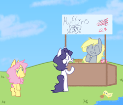 Size: 1500x1275 | Tagged: safe, artist:sundzy, derpy hooves, oc, earth pony, pegasus, semi-anthro, g4, arm hooves, butt, food, muffin, plot, trio, vendor stall