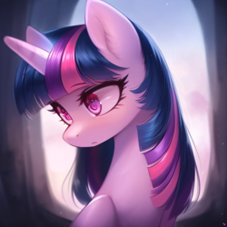 Size: 2048x2048 | Tagged: safe, ai assisted, ai content, generator:purplesmart.ai, generator:stable diffusion, prompter:be_yourself, twilight sparkle, pony, unicorn, g4, cave, cute, ear fluff, eyebrows, female, high res, horn, looking down, mare, raised hoof, solo, twiabetes
