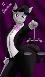 Size: 1100x1900 | Tagged: safe, alternate version, artist:sixes&sevens, octavia melody, earth pony, anthro, g4, bowtie, clothes, curtains, justice, looking at you, major arcana, male, multiple variants, octavius, rule 63, scales, solo, suit, sword, tarot card, weapon