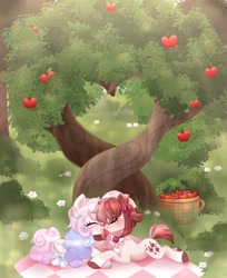 Size: 1670x2048 | Tagged: safe, artist:moonydropps, oc, oc only, earth pony, pony, apple, apple tree, blushing, clothes, crepuscular rays, duo, flower, food, intertwined trees, kissing, picnic blanket, smiling, socks, tree