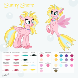 Size: 3890x3890 | Tagged: safe, artist:thunderdasher07, oc, oc only, oc:sunny shore, hippogriff, seapony (g4), 2019, abstract background, bubble, color palette, folded wings, high res, hippogriff oc, jewelry, necklace, old art, reference sheet, seapony oc, solo, wings