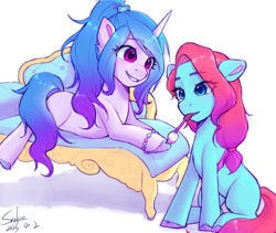 Size: 2960x2499 | Tagged: safe, artist:xiaowu07, izzy moonbow, jazz hooves, earth pony, pony, unicorn, g5, alternate hairstyle, bracelet, chair, cute, female, high res, hooficure, jewelry, ponytail, sitting