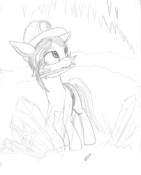 Size: 1020x1262 | Tagged: safe, artist:styroponyworks, oc, oc only, oc:golden star, pony, cave, clothes, crystal, hard hat, hat, monochrome, pickaxe, sketch, solo, stalactite