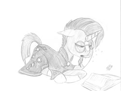 Size: 1256x942 | Tagged: safe, artist:styroponyworks, sunburst, pony, unicorn, g4, book, hoof on head, male, monochrome, sketch, solo, stallion, tired, traditional art