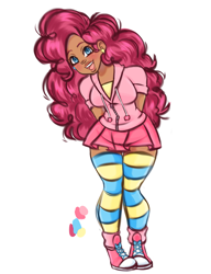 Size: 2623x3410 | Tagged: safe, artist:diameltzowo, pinkie pie, human, g4, blushing, boots, clothes, cute, dark skin, diapinkes, ear piercing, earring, female, high res, hoodie, humanized, jewelry, moderate dark skin, open mouth, piercing, reference sheet, shoes, simple background, skirt, socks, solo, stockings, striped socks, thigh highs, white background, zettai ryouiki