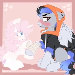 Size: 2048x2048 | Tagged: safe, artist:moonydropps, oc, oc only, pegasus, pony, unicorn, blushing, bow, clothes, duo, female, high res, hoodie, horn, male, mare, open mouth, socks, stallion, wings