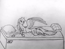 Size: 2304x1728 | Tagged: safe, artist:pegasus_fs, derpy hooves, pegasus, pony, g4, andromeda initiative, bed, blanket, chest fluff, emblem, female, lineart, looking at you, lying down, mare, mass effect, pillow, simple background, slender, solo, spread wings, sternocleidomastoid, thin, traditional art, wings