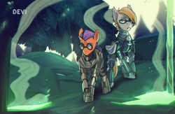 Size: 3376x2205 | Tagged: safe, artist:devi_shade, oc, oc only, oc:ember eclipse, oc:glorious morning, alicorn, bat pony, pony, fallout equestria, alicorn oc, armor, armored pony, bat pony oc, fallout, forest, glasses, high res, horn, male, radiation, wasteland, wings