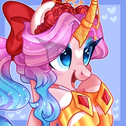 Size: 2048x2048 | Tagged: safe, artist:moonydropps, oc, oc only, pony, unicorn, blue eyes, blushing, bow, female, gold, hair, hair bow, high res, horn, mane, mare, open mouth, open smile, smiling, solo