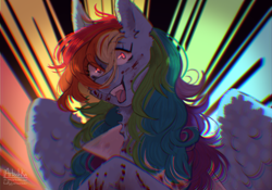 Size: 5000x3500 | Tagged: safe, artist:artem66633, rainbow dash, pegasus, pony, fanfic:rainbow factory, g4, absurd resolution, blood, fanfic art, female, glowing, glowing eyes, mare, open mouth, open smile, rainbow factory dash, sinister smile, smiling, solo, sunburst background