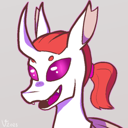 Size: 640x640 | Tagged: safe, artist:veesheep, oc, oc:scorching heat, changeling, changeling oc, commission, fangs, gray background, no pupils, ponytail, purple eyes, red mane, simple background, smiling, white changeling