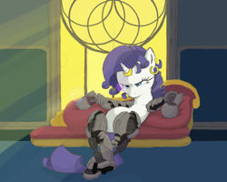Size: 2000x1600 | Tagged: safe, artist:moronsonofboron, edit, rarity, cyborg, pony, g4, alternate hairstyle, amputee, deus ex, deus ex: human revolution, fainting couch, hologram, horn, horn ring, i never asked for this, prosthetics, ring, science fiction, solo