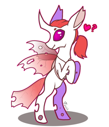 Size: 1446x1680 | Tagged: safe, artist:veesheep, oc, oc:scorching heat, changeling, changeling oc, commission, fangs, heart, hooves to the chest, no pupils, ponytail, purple eyes, red mane, smiling, standing on two hooves, white changeling