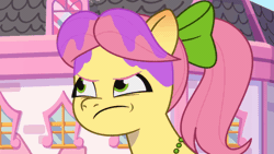 Size: 640x360 | Tagged: safe, screencap, posey bloom, earth pony, pony, g5, my little pony: tell your tale, zipp's yes day, spoiler:g5, spoiler:my little pony: tell your tale, spoiler:tyts01e22, angry, animated, bow, female, gif, hair bow, mare, posey bloom is not amused, posey can't catch a break, red face, solo, unamused, wet