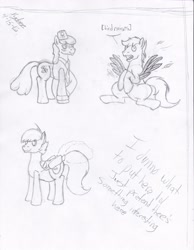 Size: 2552x3292 | Tagged: safe, artist:xyclone, oc, oc only, oc:flashy, oc:humble pie, oc:ruby, earth pony, pegasus, pony, blushing, feather, high res, male, signature, sketch, smoke, stallion, traditional art