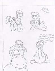 Size: 2552x3292 | Tagged: safe, artist:xyclone, rainbow dash, oc, oc:glacia, oc:pepper dust, mermaid, pegasus, pony, anthro, g4, belly, belly button, chubby, dialogue, high res, signature, sketch, stomach noise, traditional art