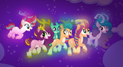 Size: 1088x596 | Tagged: safe, artist:mfmcares, hitch trailblazer, izzy moonbow, pipp petals, sparky sparkeroni, sunny starscout, zipp storm, deer, dragon, pony, reindeer, g4, g5, female, g5 to g4, generation leap, male, mane five, mane stripe sunny, mare, reindeerified, species swap, stallion