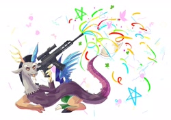 Size: 2220x1551 | Tagged: safe, artist:plusplus_pony, discord, draconequus, pony, g4, confetti, solo, weapon