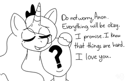 Size: 1688x1085 | Tagged: artist needed, safe, princess luna, oc, oc:anon, alicorn, human, pony, g4, /mlp/, canon x oc, comforting, cute, dialogue, eye clipping through hair, female, lunabetes, mare, open mouth, open smile, positive ponies, simple background, smiling, white background, wholesome