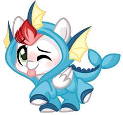 Size: 2436x2281 | Tagged: safe, artist:emberslament, oc, oc:swift apex, pegasus, pony, vaporeon, :p, chibi, clothes, costume, high res, kigurumi, looking at you, one eye closed, onesie, pokémon, simple background, solo, tongue out, wink, winking at you