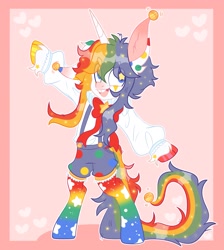 Size: 1837x2048 | Tagged: safe, artist:moonydropps, unicorn, semi-anthro, arm hooves, clothes, ears, ears up, hair, horn, mane, open mouth, open smile, smiling, socks, solo, starry eyes, tail, wingding eyes