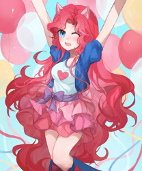 Size: 1000x1200 | Tagged: safe, artist:lansu_6, pinkie pie, human, g4, alternate hairstyle, balloon, humanized, light skin, looking at you, one eye closed, ponied up, solo, streamers, wink, winking at you