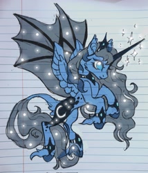Size: 1753x2048 | Tagged: safe, artist:creeate97, princess luna, alicorn, pony, g4, female, flying, hybrid wings, leonine tail, lined paper, mare, solo, sparkles, tail, wings