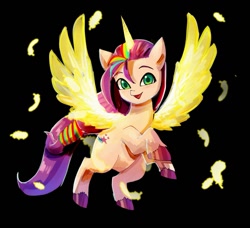 Size: 1213x1107 | Tagged: safe, artist:plusplus_pony, sunny starscout, alicorn, earth pony, pony, g5, alicornified, artificial wings, augmented, female, horn, looking at you, magic, magic horn, magic wings, mane stripe sunny, mare, open mouth, open smile, race swap, smiling, smiling at you, solo, spread wings, sunnycorn, wings