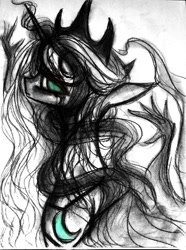 Size: 954x1280 | Tagged: safe, artist:luted, princess luna, alicorn, pony, g4, charcoal (medium), crown, female, jewelry, neo noir, partial color, regalia, solo, traditional art, watercolor painting