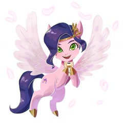 Size: 1111x1155 | Tagged: safe, artist:plusplus_pony, pipp petals, pegasus, pony, g5, colored wings, crown, eyebrows, female, flying, jewelry, looking at you, mare, open mouth, open smile, phone, regalia, simple background, smiling, smiling at you, solo, spread wings, white background, wings