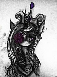 Size: 945x1280 | Tagged: safe, artist:luted, princess cadance, alicorn, pony, g4, charcoal (medium), crown, female, flower, jewelry, mare, neo noir, partial color, regalia, rose, solo, traditional art, watercolor painting