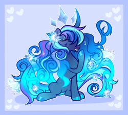 Size: 2048x1846 | Tagged: safe, artist:moonydropps, oc, oc only, pony, crystal, eyes closed, flower, flower in hair, hair, laughing, mane, sitting, smiling, solo, tail