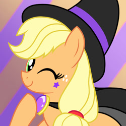 Size: 2000x2000 | Tagged: safe, artist:nitsuke_ill, applejack, earth pony, pony, g4, female, hat, high res, mare, one eye closed, solo, wink, witch, witch hat