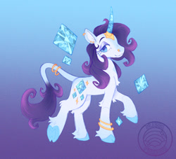 Size: 1070x970 | Tagged: safe, artist:plushparades, part of a set, rarity, classical unicorn, pony, unicorn, g4, anklet, blue eyes, bracelet, cloven hooves, colored hooves, crystal horn, ear piercing, horn, jewelry, leonine tail, nose piercing, piercing, raised hoof, redesign, ring, solo, tail, tail ring, two toned mane, unshorn fetlocks