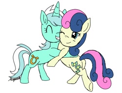 Size: 1560x1200 | Tagged: safe, artist:riapu_san368, bon bon, lyra heartstrings, sweetie drops, earth pony, pony, unicorn, g4, butt, female, hug, lesbian, mare, plot, ship:lyrabon, shipping, simple background, white background