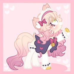 Size: 2048x2048 | Tagged: safe, artist:moonydropps, oc, oc only, earth pony, pony, blushing, bow, clothes, hair, hair bow, heart, high res, looking up, mane, smiling, socks, solo, tail