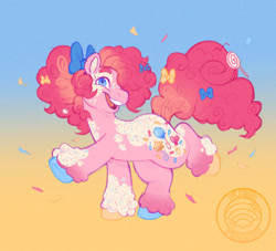 Size: 1070x970 | Tagged: safe, artist:plushparades, part of a set, pinkie pie, earth pony, pony, g4, blue eyes, bow, candy, colored hooves, confetti, food, hair bow, one eye covered, piebald coat, smiling, sprinkles, tail, unshorn fetlocks