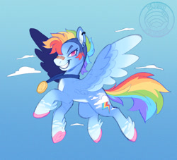 Size: 1070x970 | Tagged: safe, artist:plushparades, part of a set, rainbow dash, pegasus, pony, g4, cloud, colored hooves, ear piercing, earring, jewelry, medal, multicolored hair, piercing, pink eyes, rainbow hair, rainbow tail, shaved sides, short mane, spread wings, tail, wings