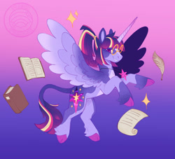 Size: 1070x970 | Tagged: safe, artist:plushparades, part of a set, twilight sparkle, alicorn, pony, g4, book, cloven hooves, colored wings, glasses, hair tie, horn, jewelry, leonine tail, long horn, necklace, ponytail, purple eyes, quill, scroll, spread wings, tail, twilight sparkle (alicorn), two toned mane, two toned tail, two toned wings, wings