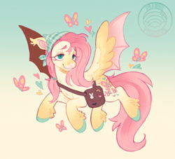 Size: 1070x970 | Tagged: safe, artist:plushparades, part of a set, fluttershy, bat pony, butterfly, hybrid, pegasus, pony, g4, bag, bat ears, bat ponified, bat wings, colored wings, fangs, flutterbat, flying, hybrid wings, messenger bag, pins, race swap, spread wings, teal eyes, two toned wings, wings