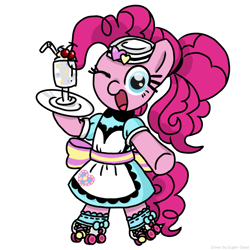 Size: 2048x2048 | Tagged: safe, artist:super-dead, pinkie pie, earth pony, pony, g4, bipedal, carhop, clothes, female, food, hat, high res, ice cream, looking at you, one eye closed, ponytail, roller skates, server pinkie pie, simple background, skates, solo, standing on two hooves, waitress, white background