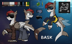 Size: 4863x3000 | Tagged: safe, artist:selenophile, oc, oc only, oc:bask, hippogriff, merpony, original species, pony, seapony (g4), shark, shark pony, amulet, blind, bomber jacket, bubble, clothes, commission, cutie mark, dorsal fin, elite dangerous, eyewear, fin, fin wings, fins, fish tail, gills, high res, jacket, jewelry, male, ocean, reference sheet, science fiction, solo, tail, underwater, water, wings