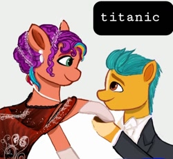 Size: 720x662 | Tagged: safe, artist:karina11494591, hitch trailblazer, sunny starscout, earth pony, pony, g5, clothes, dress, female, male, mane stripe sunny, mare, multicolored hair, rainbow hair, ship:starblazer, shipping, simple background, stallion, straight, suit, titanic, white background