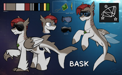 Size: 4863x3000 | Tagged: safe, alternate version, artist:selenophile, oc, oc only, oc:bask, hippogriff, merpony, original species, pony, seapony (g4), shark, shark pony, amulet, blind, commission, cutie mark, dorsal fin, elite dangerous, eyewear, fin, fin wings, fins, fish tail, gills, high res, jewelry, male, ocean, reference sheet, science fiction, sunlight, swimming, tail, underwater, water, wings