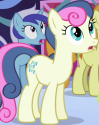 Size: 652x822 | Tagged: safe, screencap, bon bon, carrot top, golden harvest, minuette, sweetie drops, earth pony, pony, unicorn, friendship is magic, g4, background character, background pony, cropped, female, looking up, mare, open mouth, solo focus