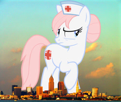 Size: 1536x1300 | Tagged: safe, anonymous editor, artist:vunlinur, edit, nurse redheart, earth pony, pony, g4, cleveland, female, giant pony, giant/macro earth pony, giantess, hat, highrise ponies, irl, looking at you, macro, mare, mega giant, nurse hat, ohio, photo, ponies in real life, raised hoof, solo